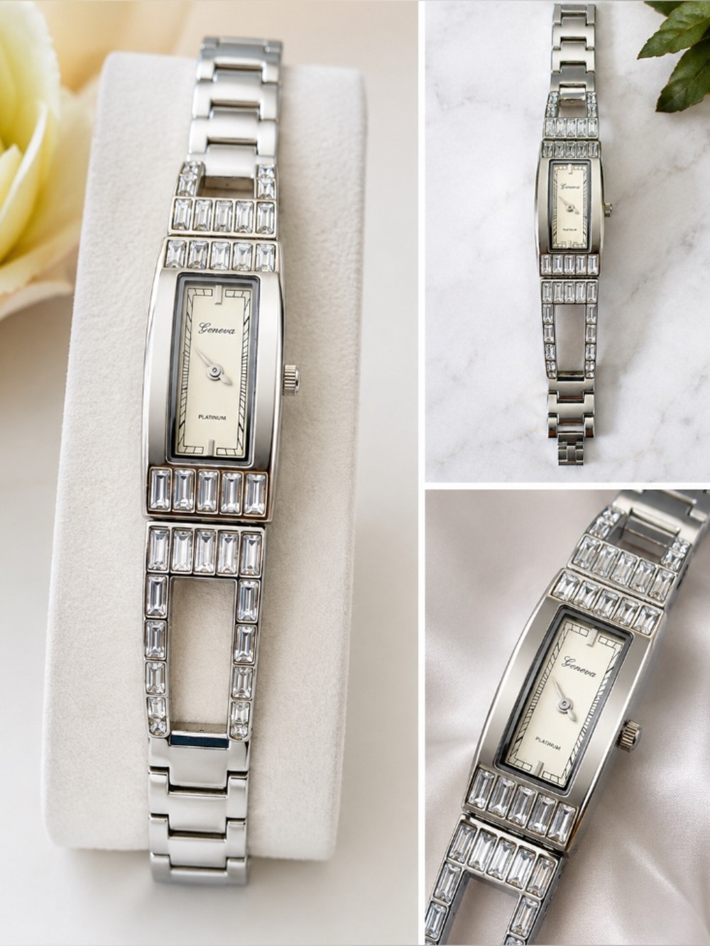 Geneva Silver Crystal Baguette Bracelet Watch
